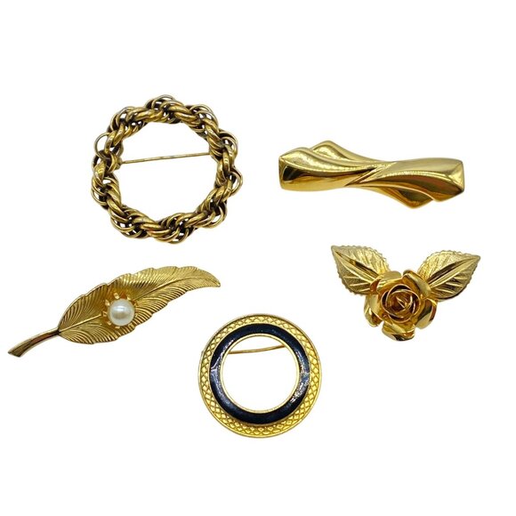 Vtg Gold-Tone Brooch Lot Of 5 Napier Rose Circle Rope Leaf w/ Faux Pearl Bow - Picture 1 of 13